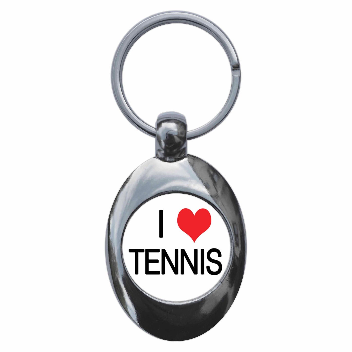 A picture of the front of the product, titled I Heart Love Tennis Metal Keyring With Trolley Coin