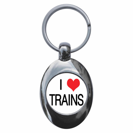 A picture of the front of the product, titled I Heart Love Trains Metal Keyring With Trolley Coin