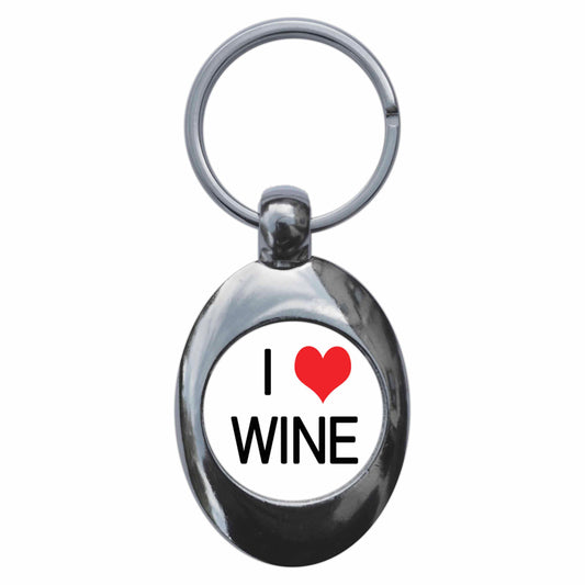 A picture of the front of the product, titled I Heart Love Wine Metal Keyring With Trolley Coin
