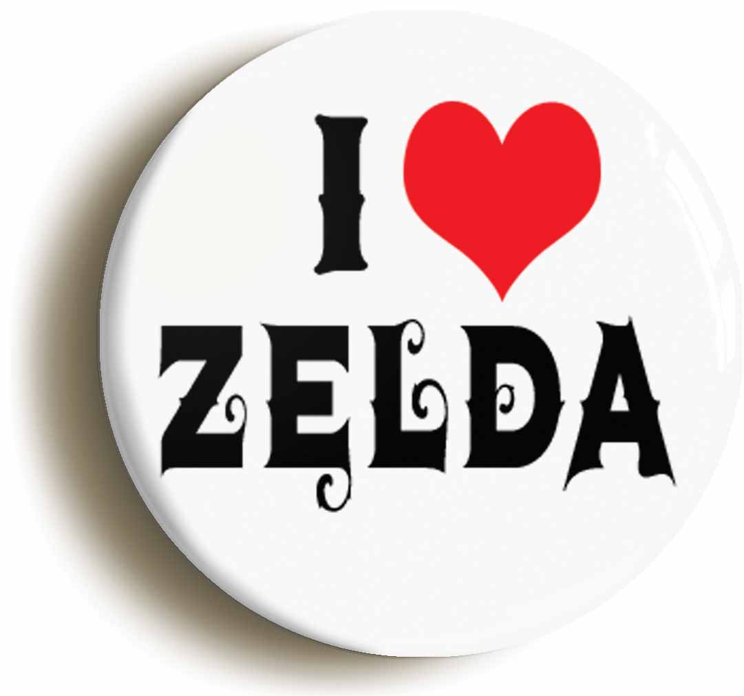 A picture of the front of the product, titled I Heart Love Zelda Button Pin Badge