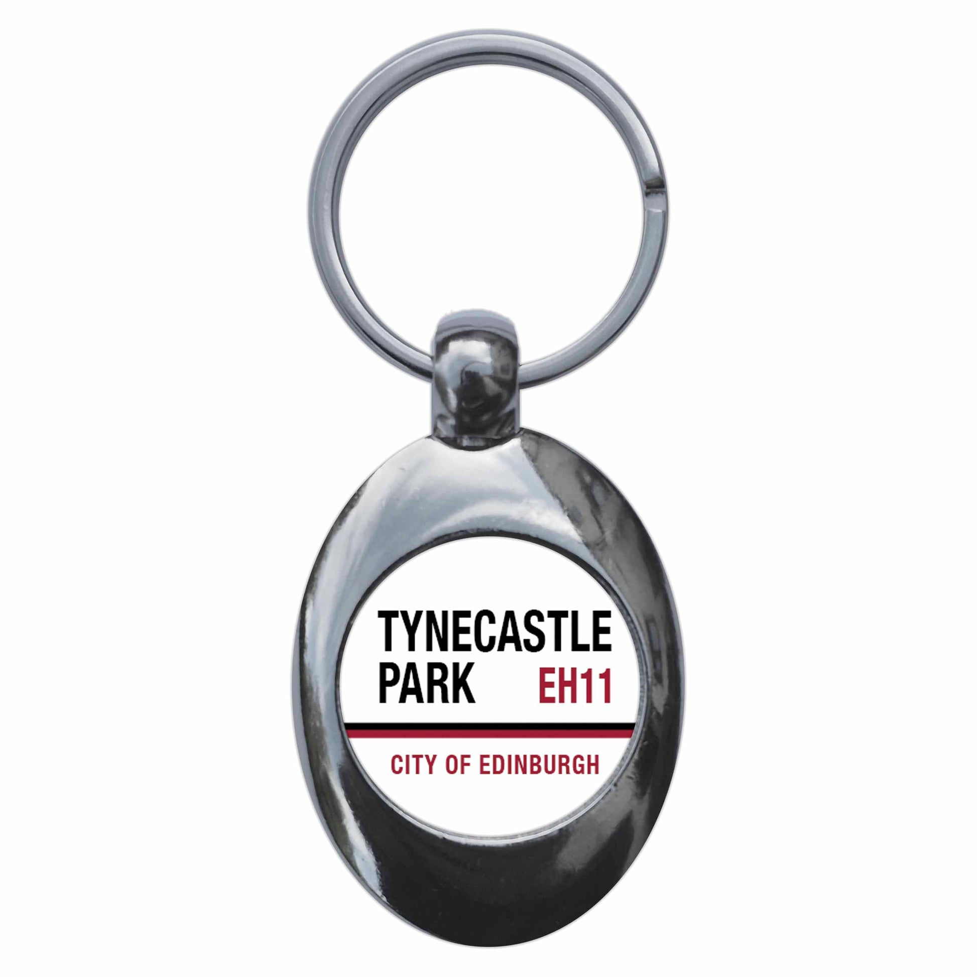 A picture of the front of the product, titled Tynecastle Park EH11 Edinburgh Hearts Road Sign Metal Keyring With Trolley Coin