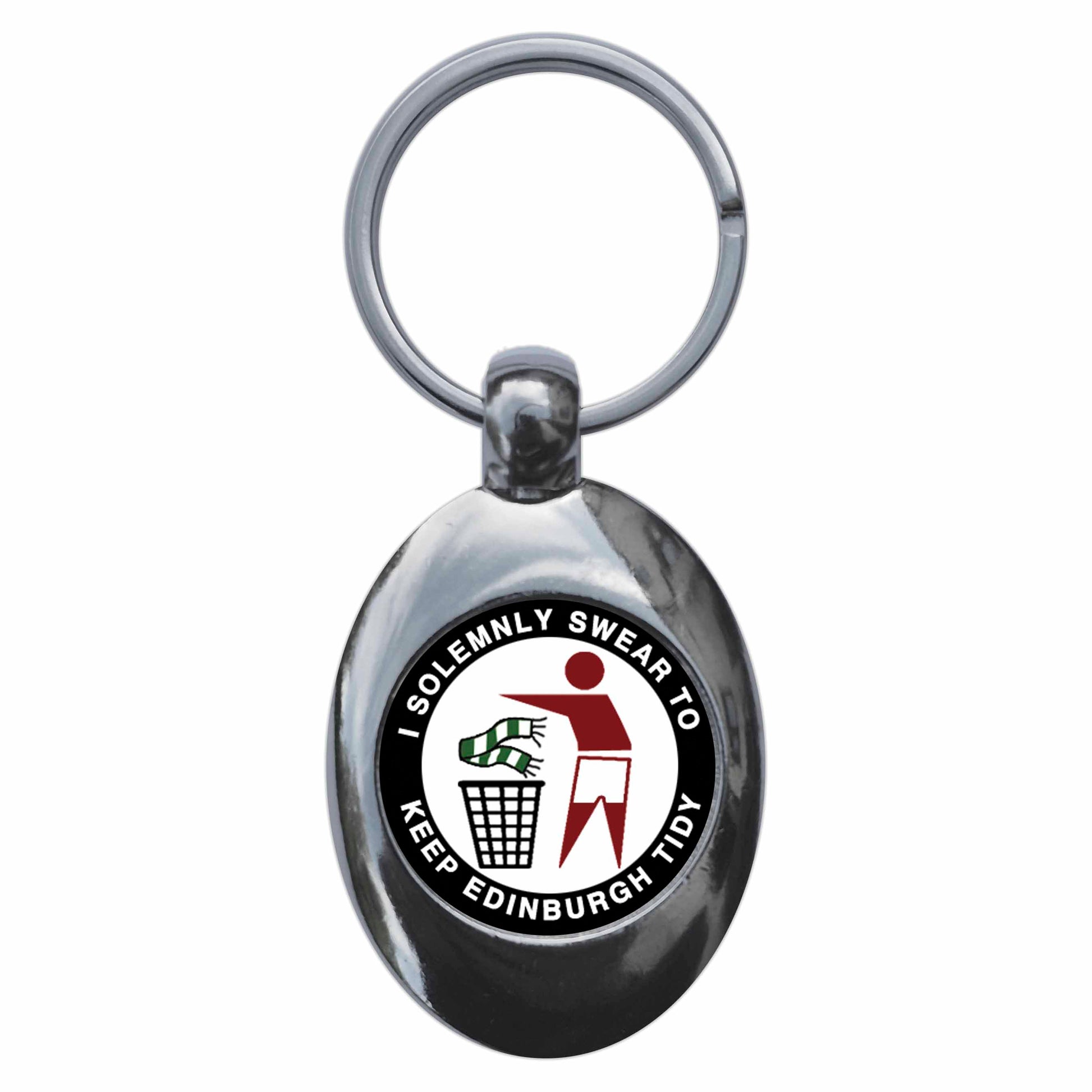 A picture of the front of the product, titled I Solemnly Swear To Keep Edinburgh Tidy Hearts Metal Keyring With Trolley Coin