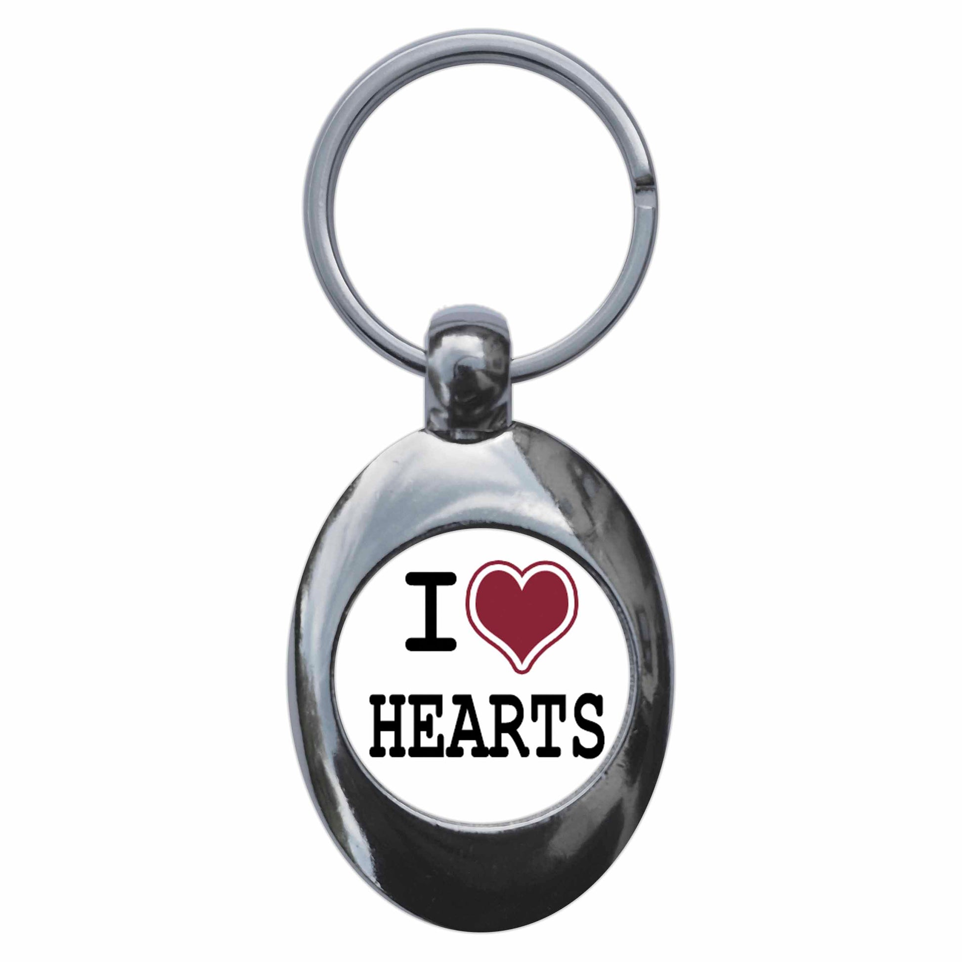 A picture of the front of the product, titled I Heart Love Hearts Metal Keyring With Trolley Coin