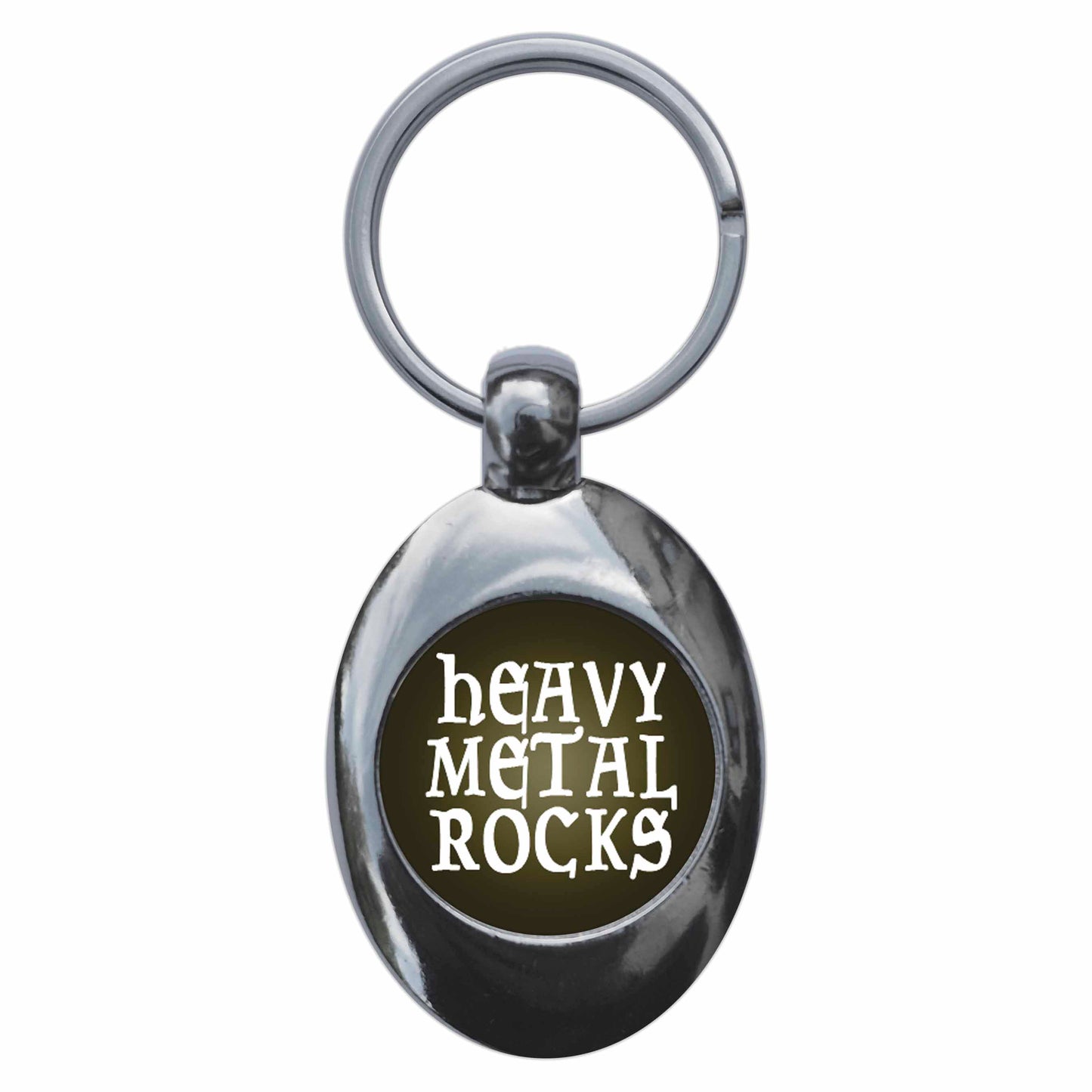A picture of the front of the product, titled Heavy Metal Rocks Metal Keyring With Trolley Coin