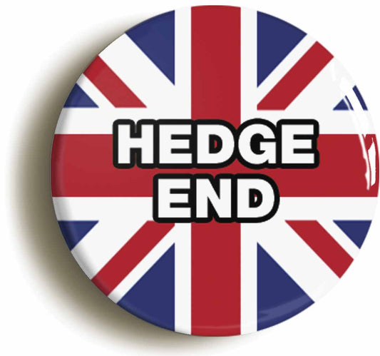 A picture of the front of the product, titled Hedge End Union Jack Circular 50mm Fridge Magnet