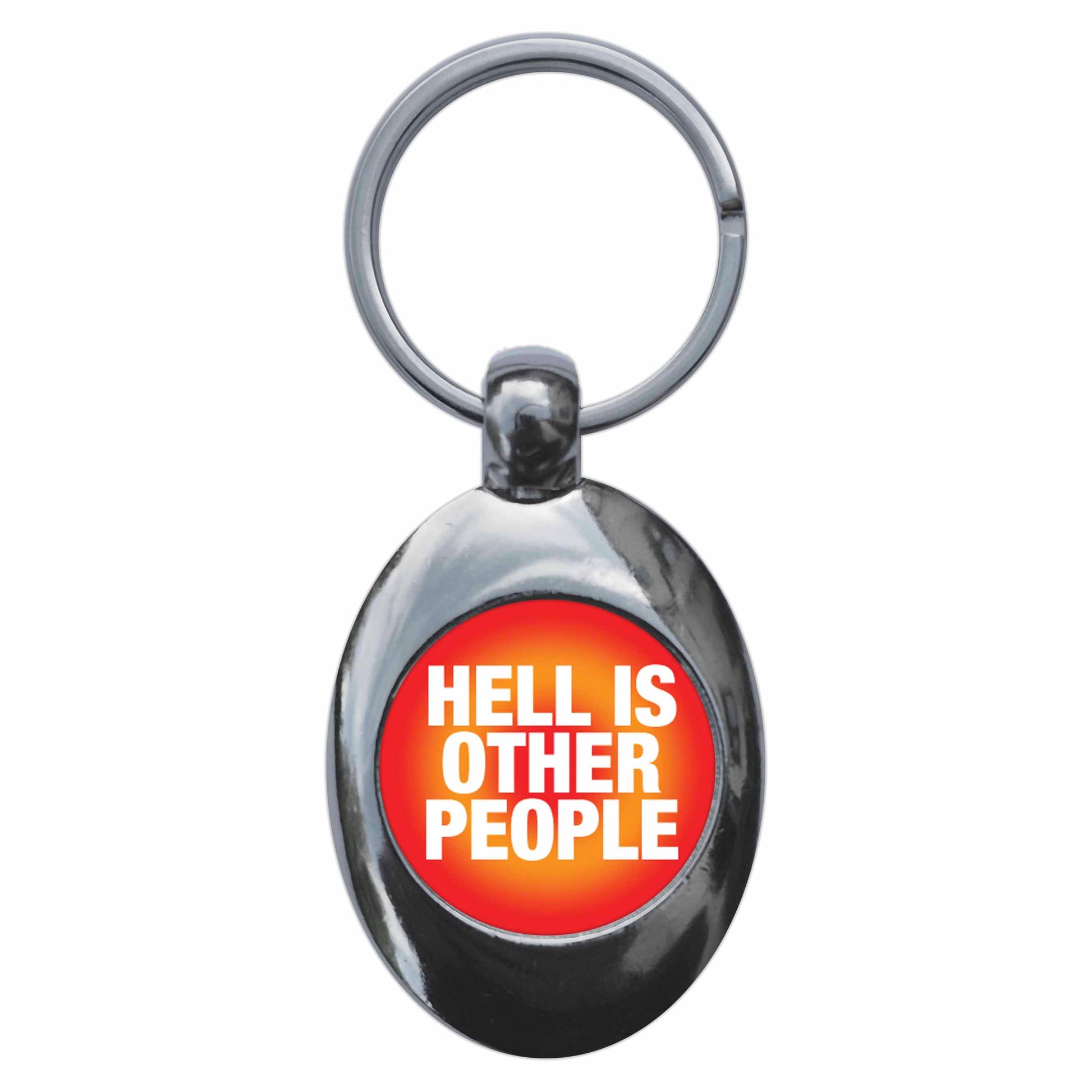 A picture of the front of the product, titled Hell Is Other People Jean-Paul Sartre Funny Metal Keyring With Trolley Coin