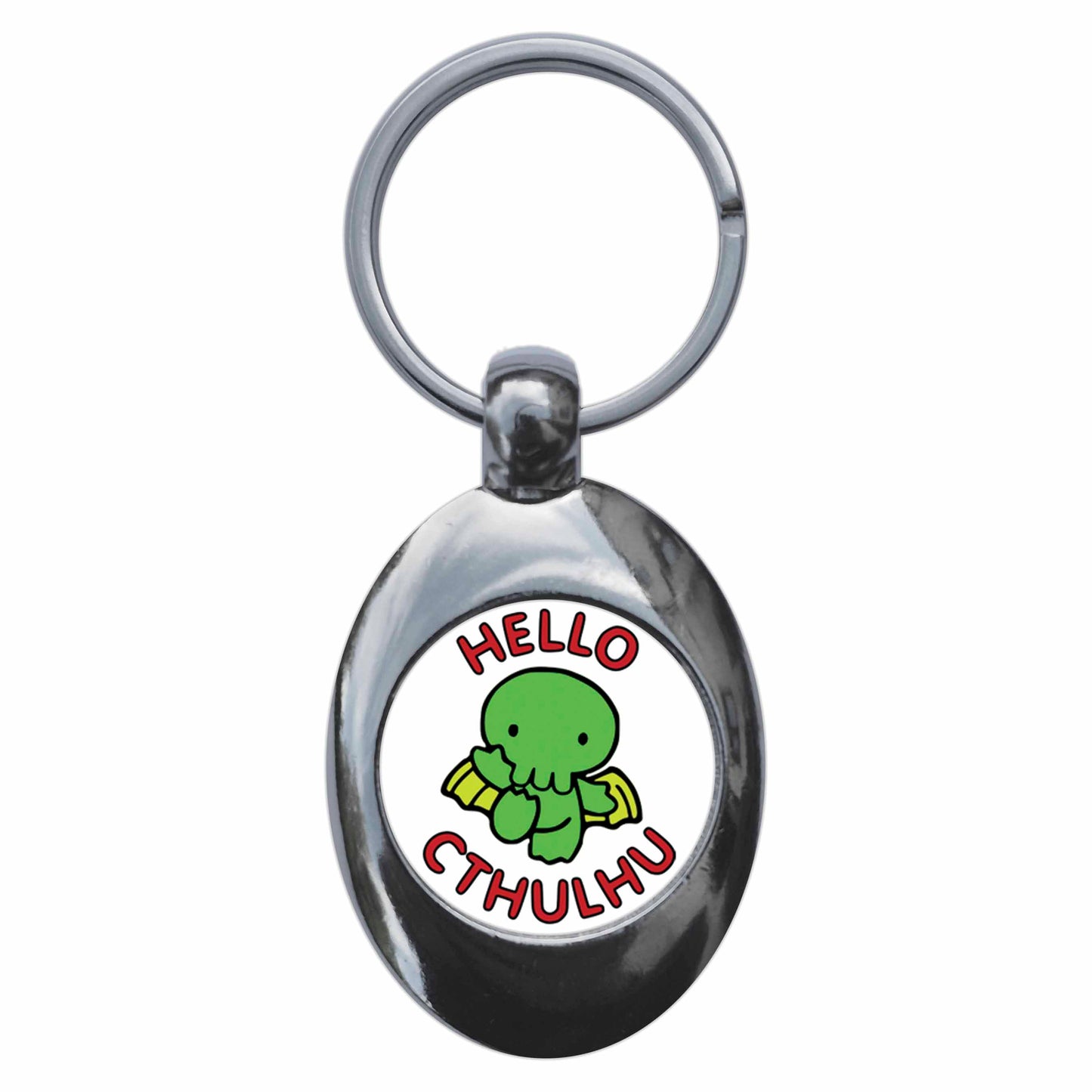 A picture of the front of the product, titled Hello Cthulhu Metal Keyring With Trolley Coin