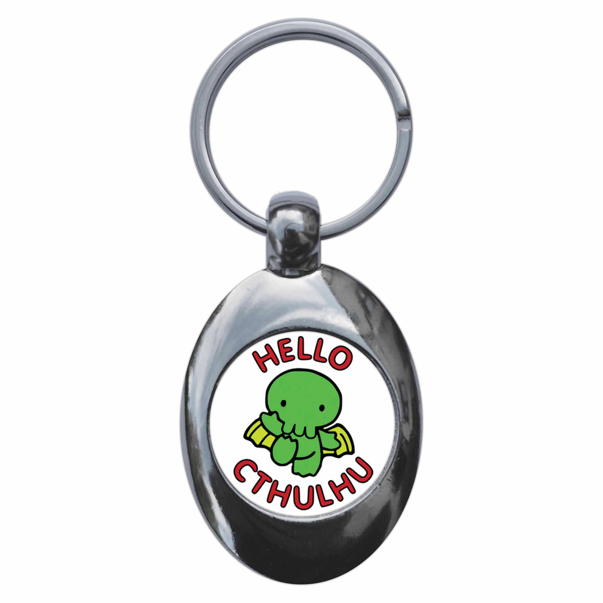 A picture of the front of the product, titled Hello Cthulhu Metal Keyring With Trolley Coin