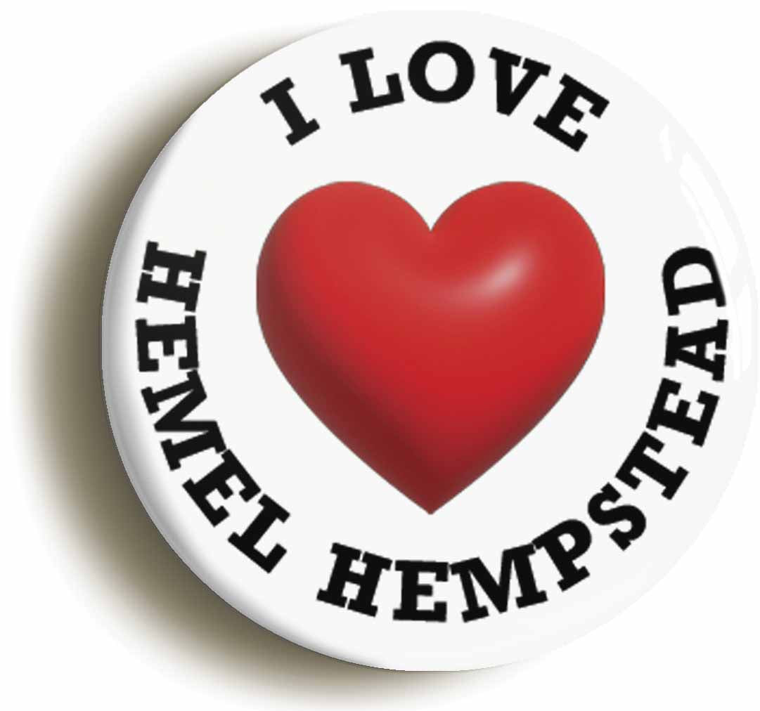 A picture of the front of the product, titled I Heart Love Hemel Hempstead Location Button Pin Badge