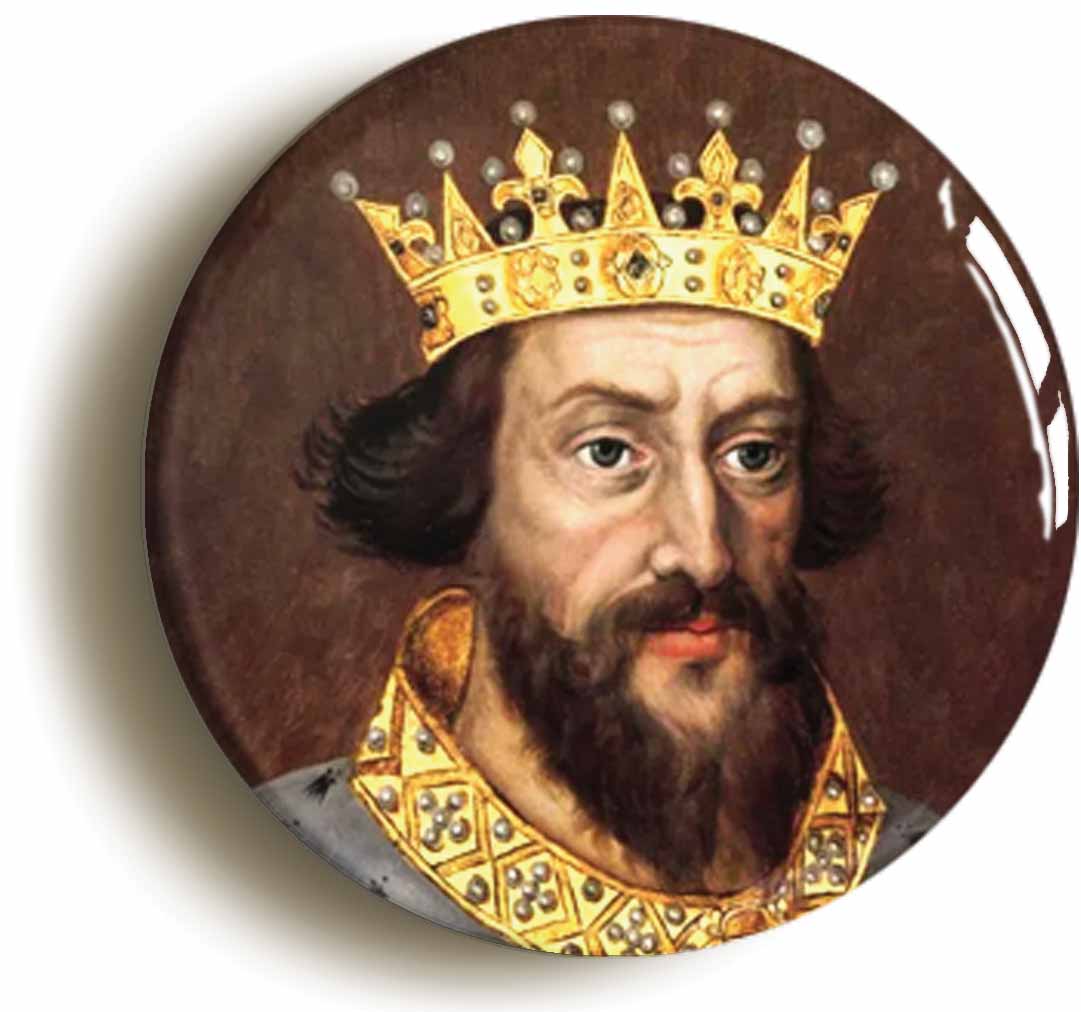 A picture of the front of the product, titled King Henry III Portrait Button Pin Badge