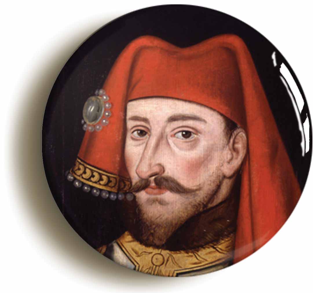 A picture of the front of the product, titled King Henry IV Portrait Button Pin Badge