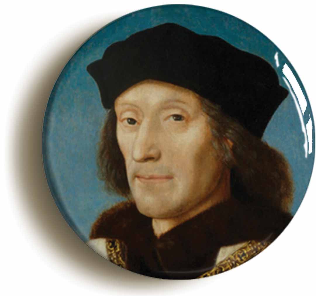 A picture of the front of the product, titled King Henry VII Portrait Button Pin Badge