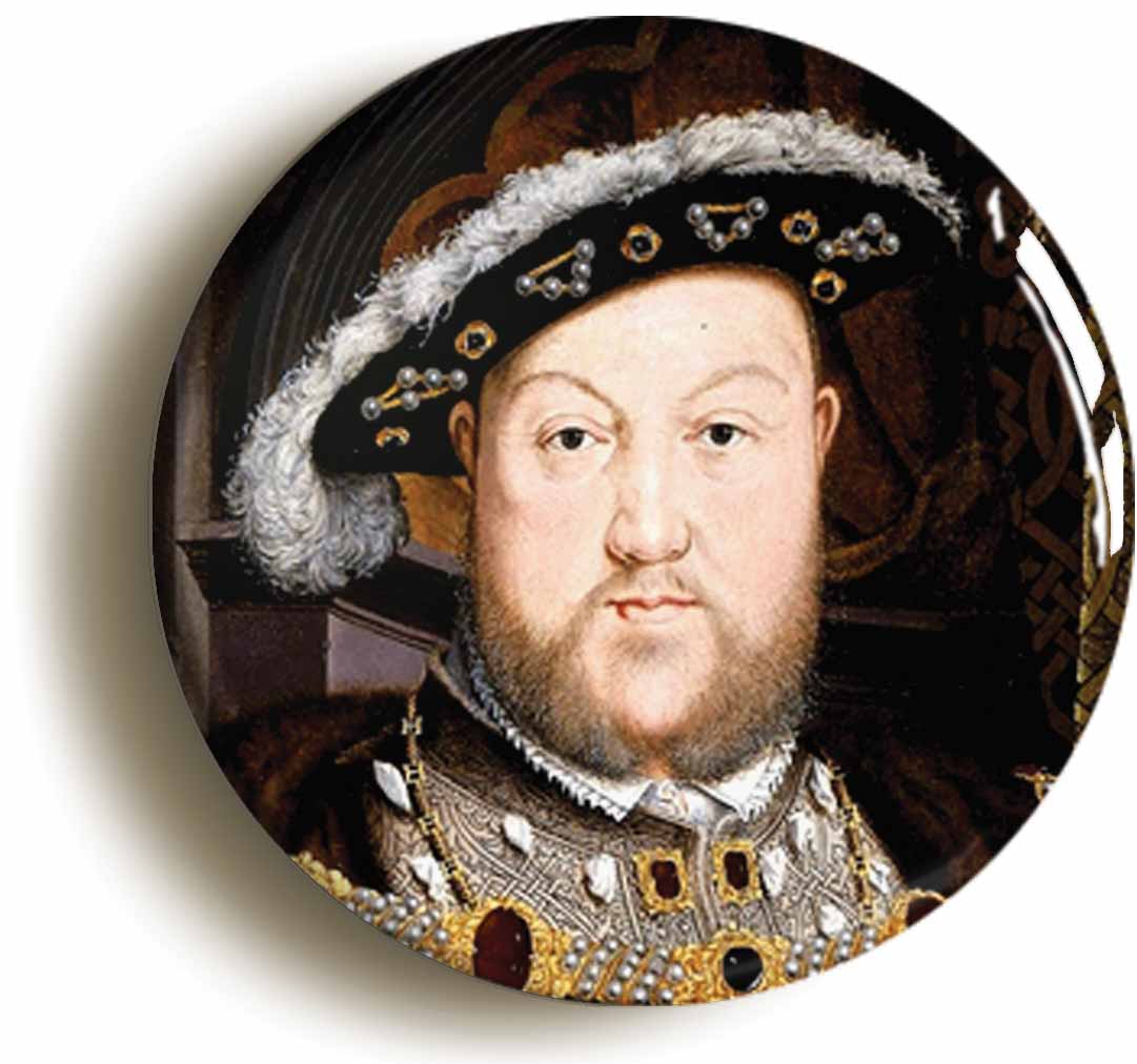 A picture of the front of the product, titled King Henry VIII Eighth 8th Button Pin Badge