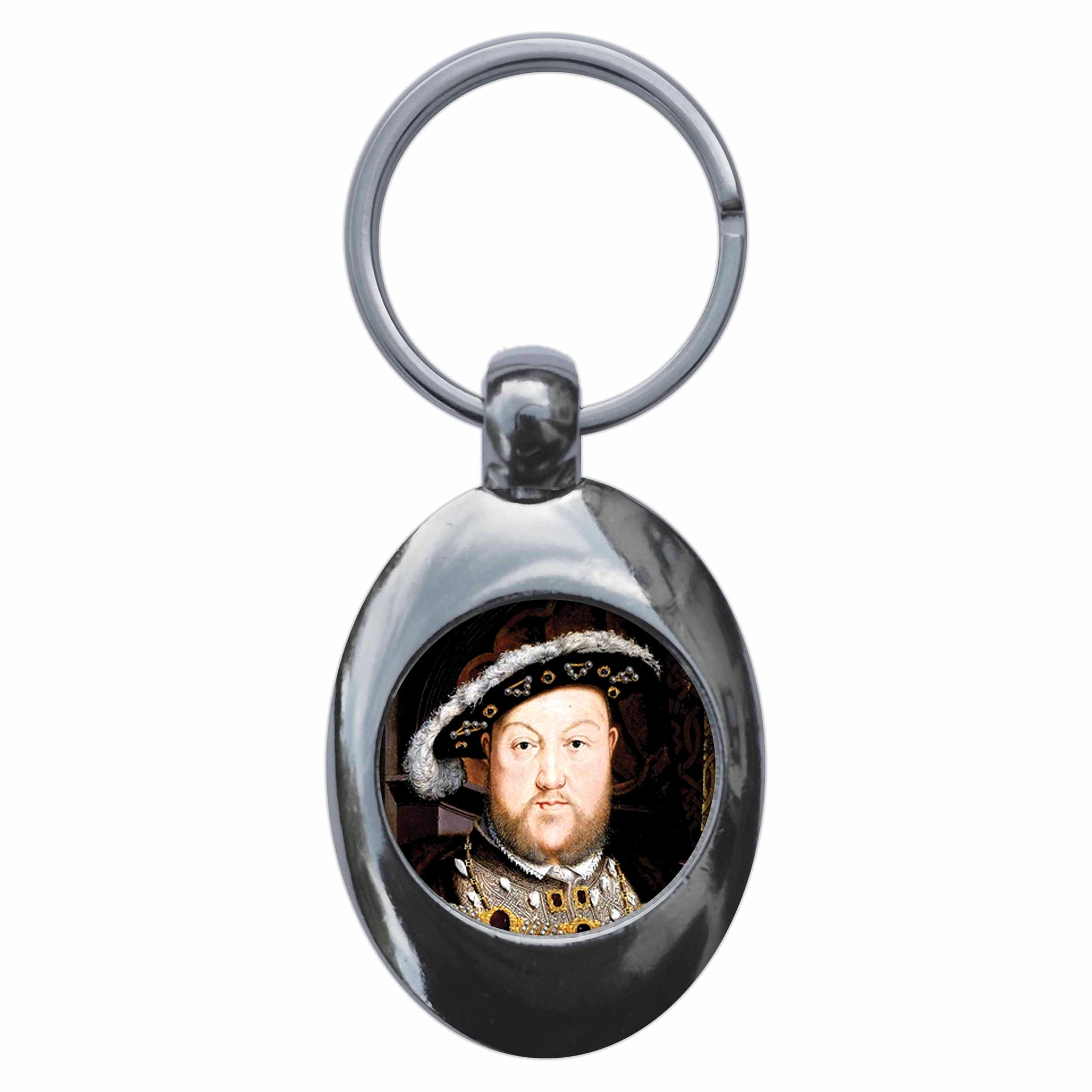 A picture of the front of the product, titled King Henry VIII Eighth 8th Metal Keyring With Trolley Coin