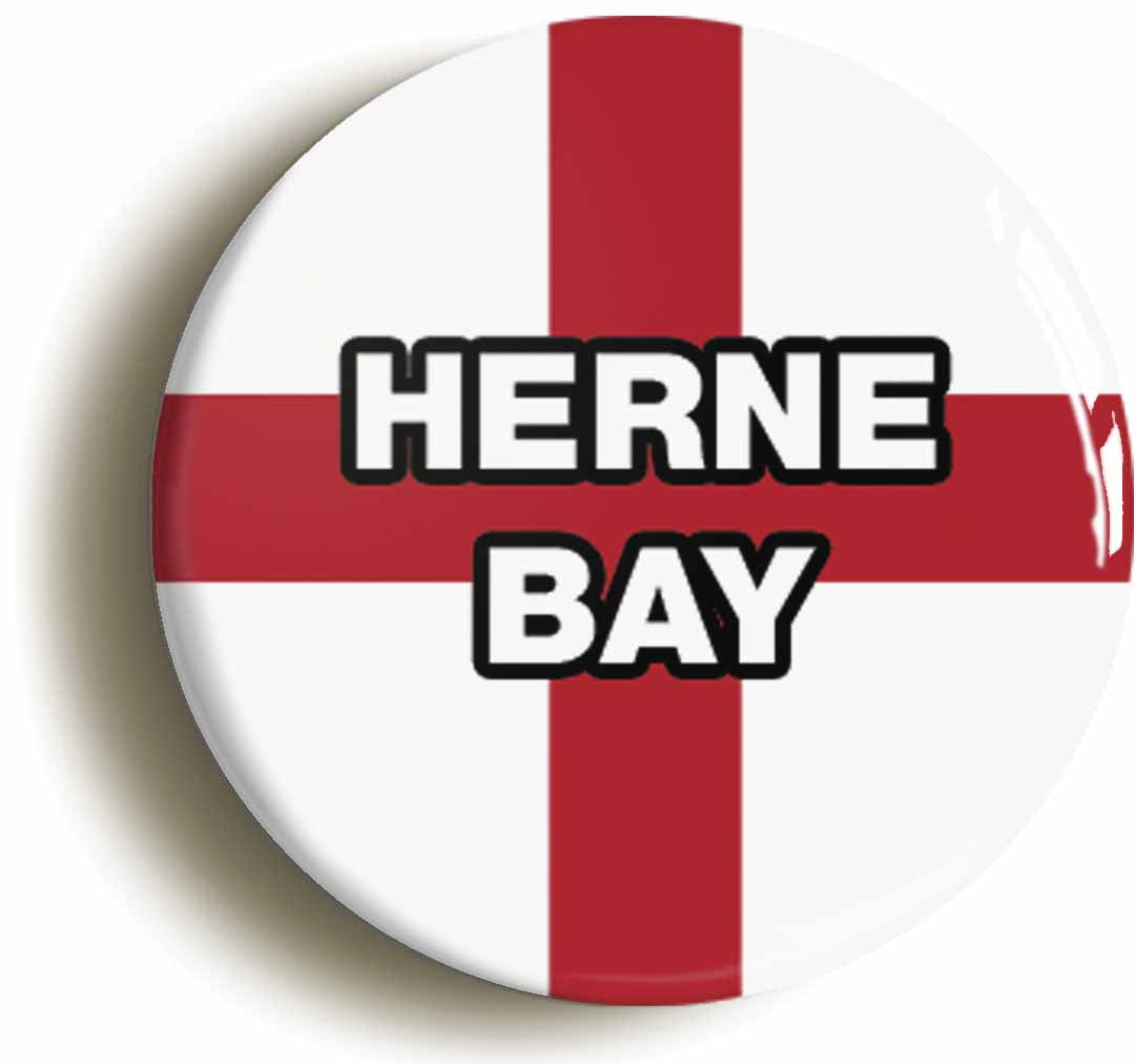 A picture of the front of the product, titled Herne Bay England Flag Circular 50mm Fridge Magnet