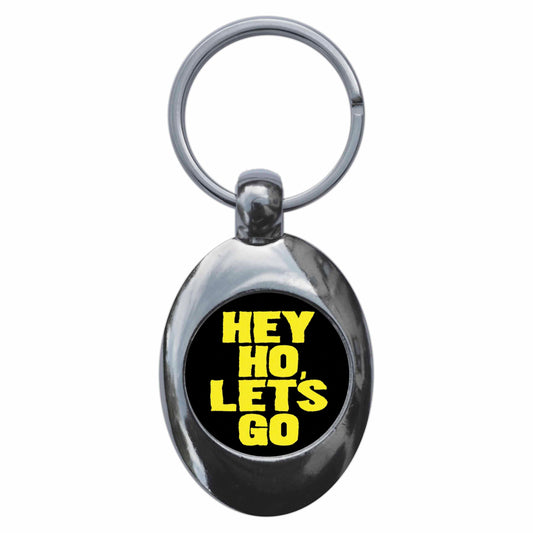 A picture of the front of the product, titled Hey Ho Let's Go Punk Metal Keyring With Trolley Coin