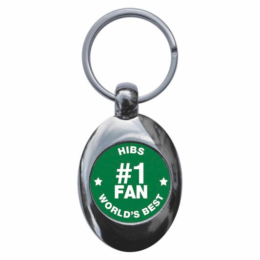 A picture of the front of the product, titled Hibs #1 Fan Metal Keyring With Trolley Coin