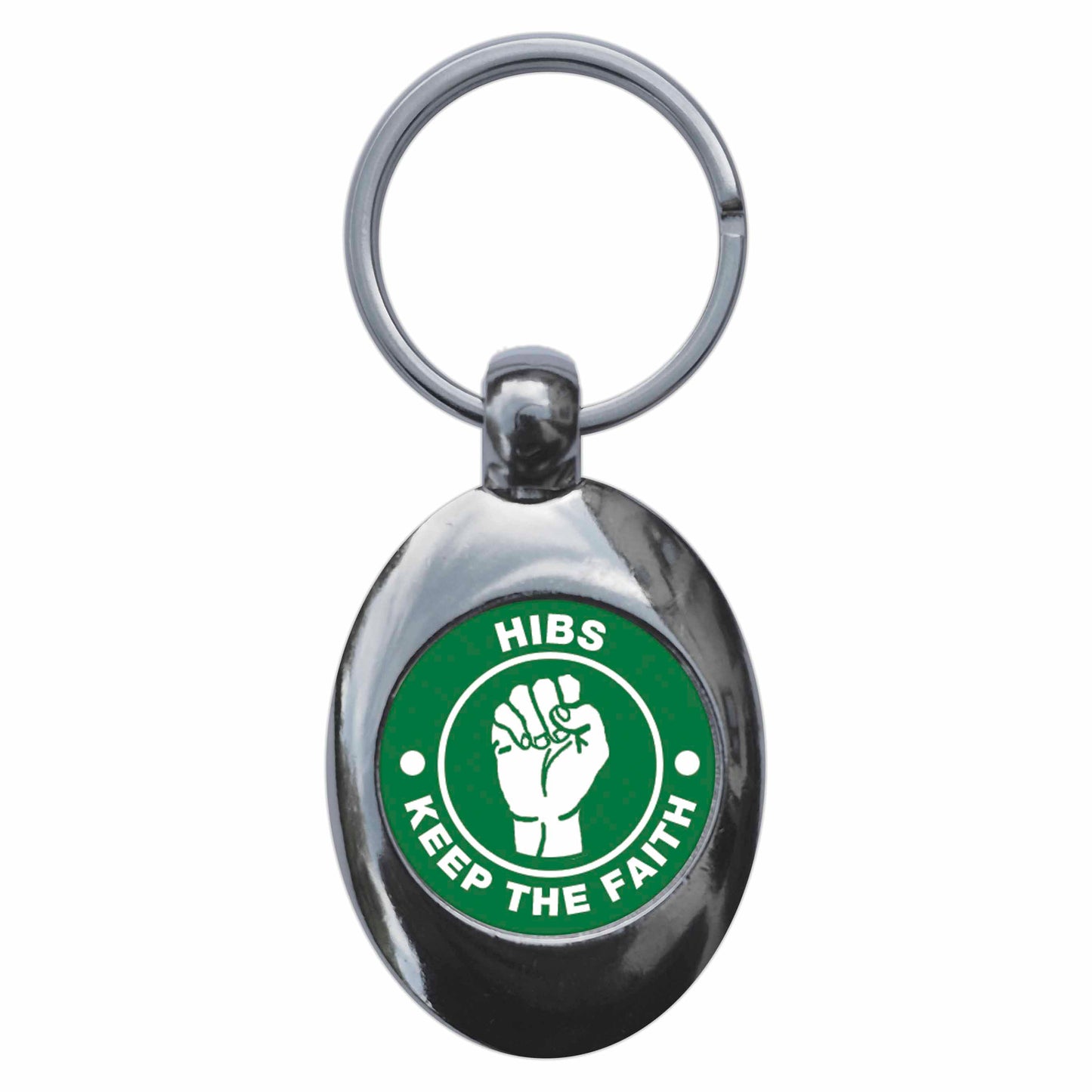 A picture of the front of the product, titled Hibs Keep The Faith Northern Soul Metal Keyring With Trolley Coin