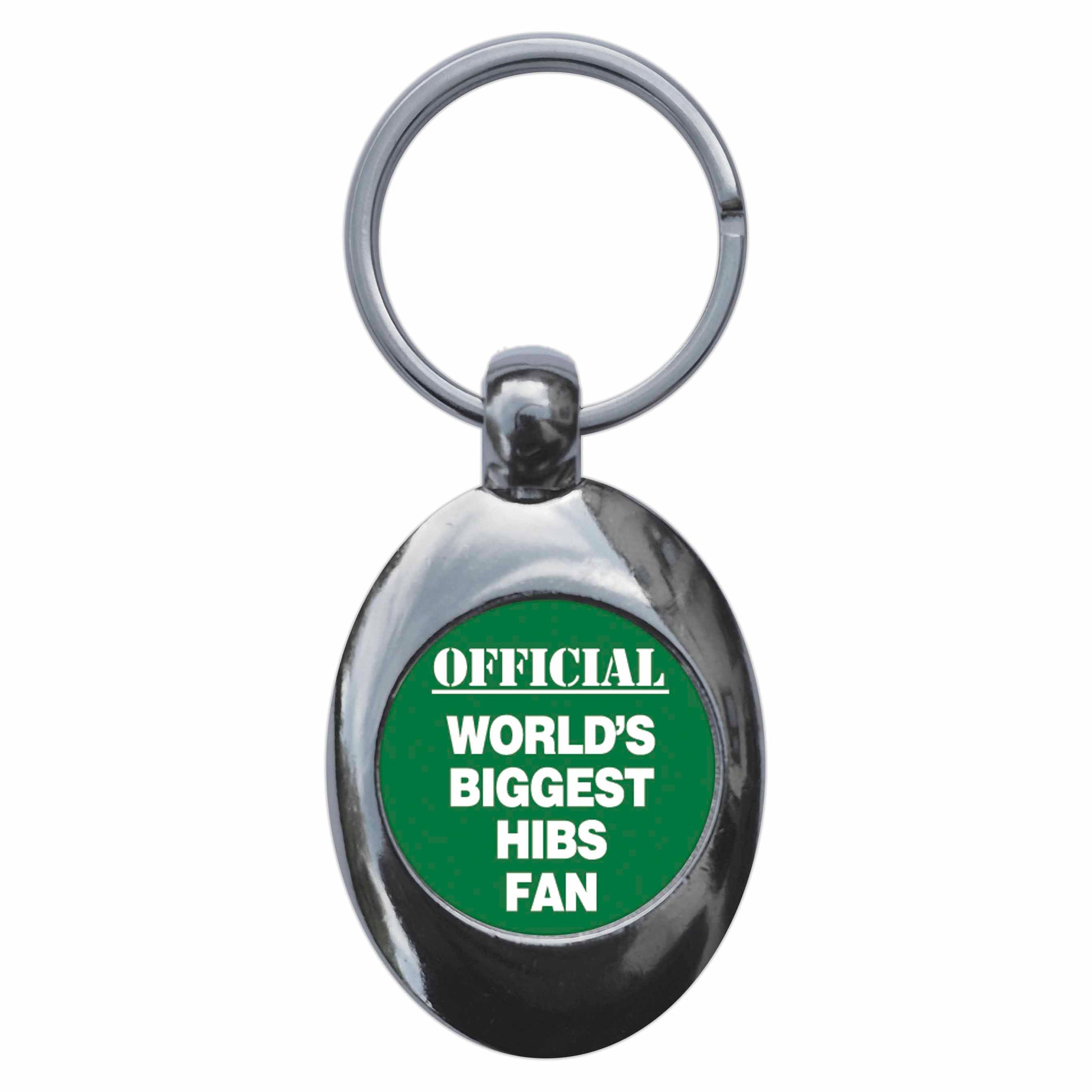 A picture of the front of the product, titled World's Biggest Hibs Fan Metal Keyring With Trolley Coin