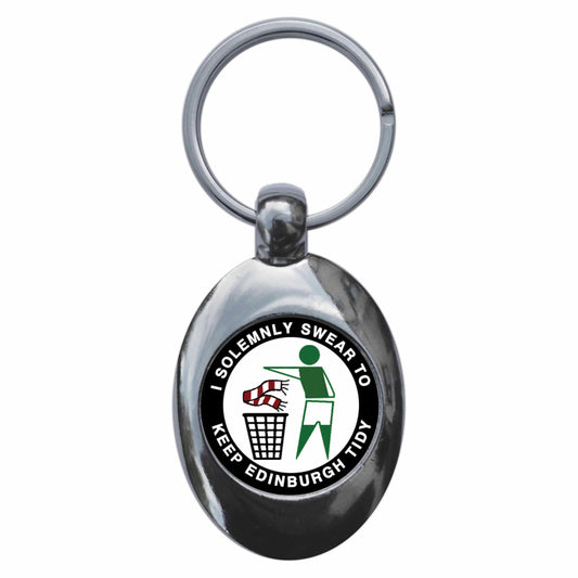 A picture of the front of the product, titled I Solemnly Swear To Keep Edinburgh Tidy Hibs Metal Keyring With Trolley Coin