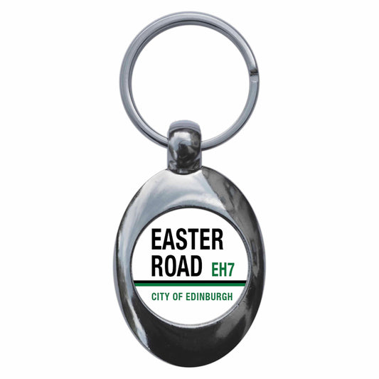 A picture of the front of the product, titled Easter Road EH7 Edinburgh Hibs Road Sign Metal Keyring With Trolley Coin