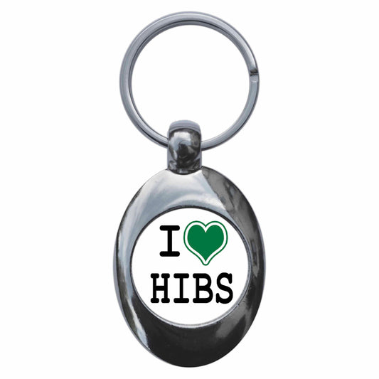 A picture of the front of the product, titled I Heart Love Hibs Metal Keyring With Trolley Coin