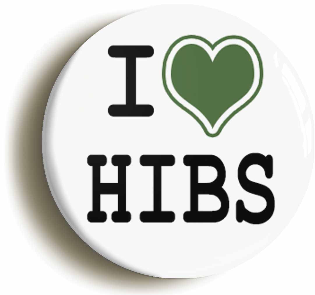 A picture of the front of the product, titled I Heart Love Hibs Button Pin Badge