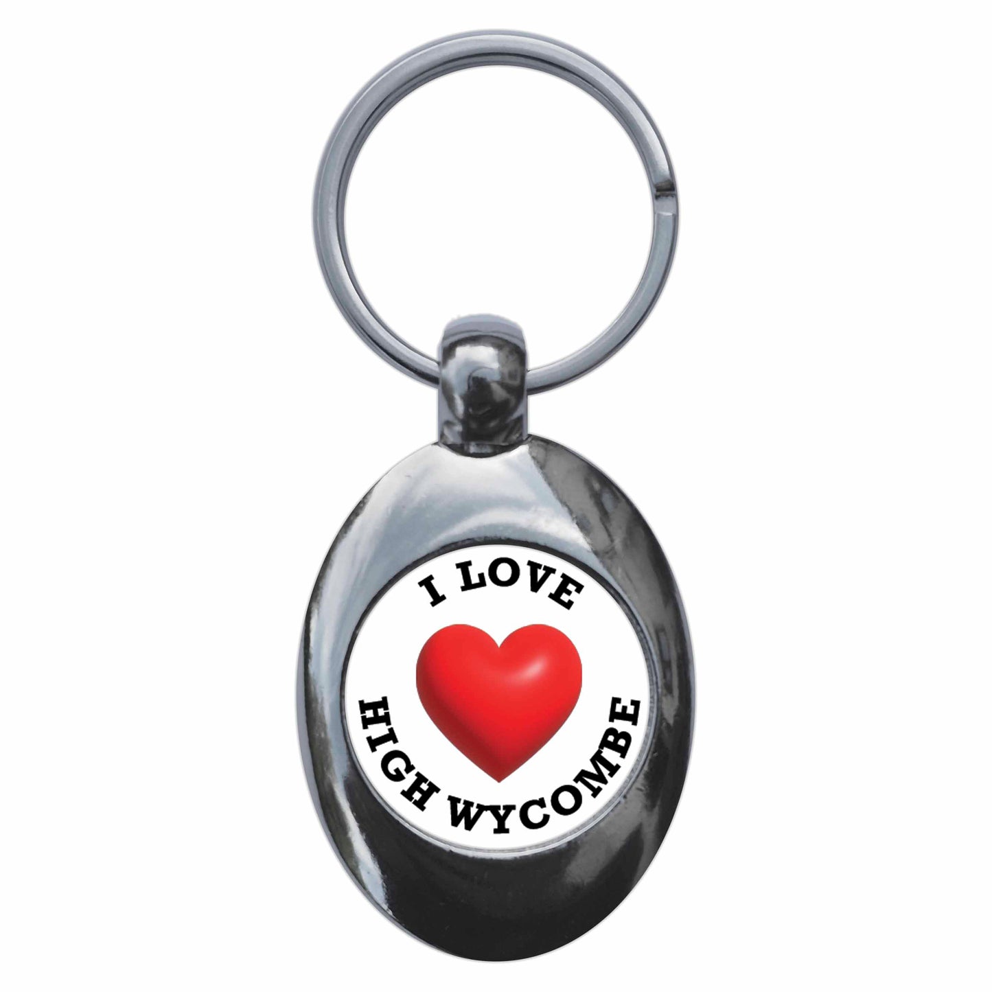 A picture of the front of the product, titled I Heart Love High Wycombe Metal Keyring With Trolley Coin