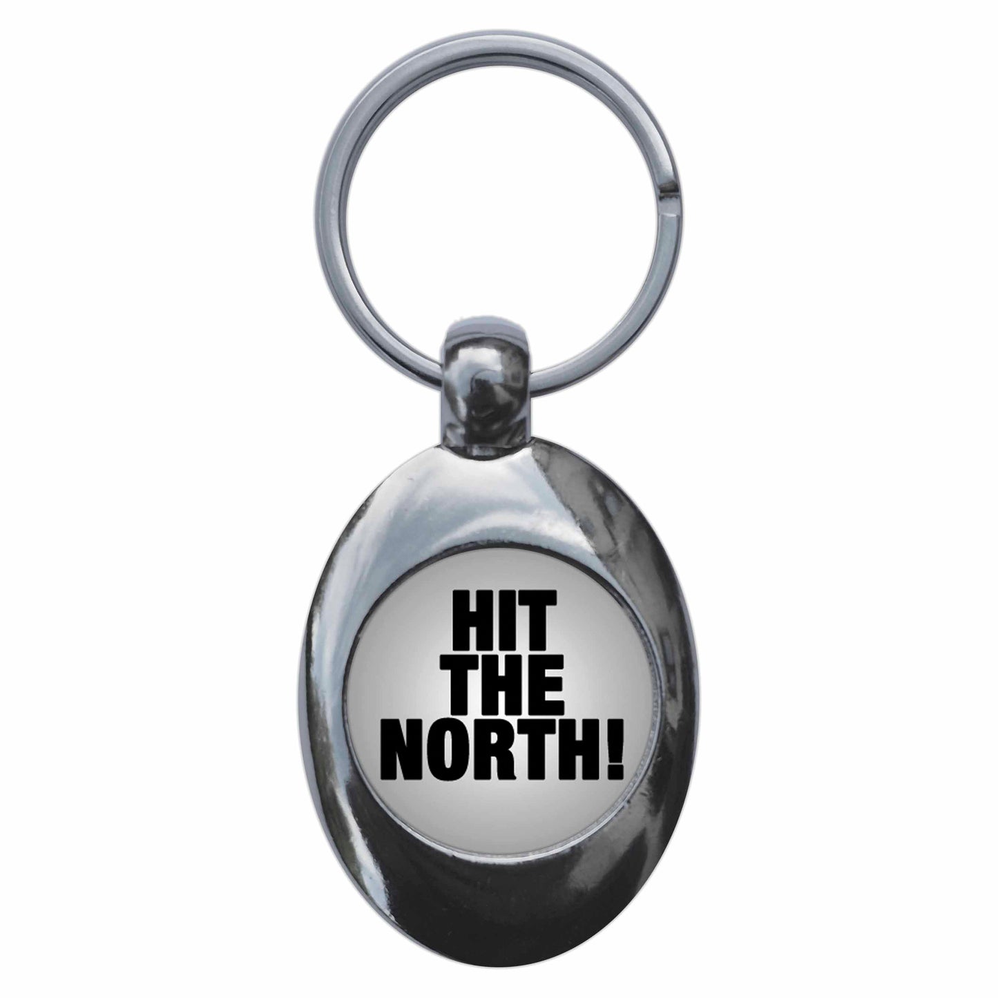 A picture of the front of the product, titled Hit The North Metal Keyring With Trolley Coin