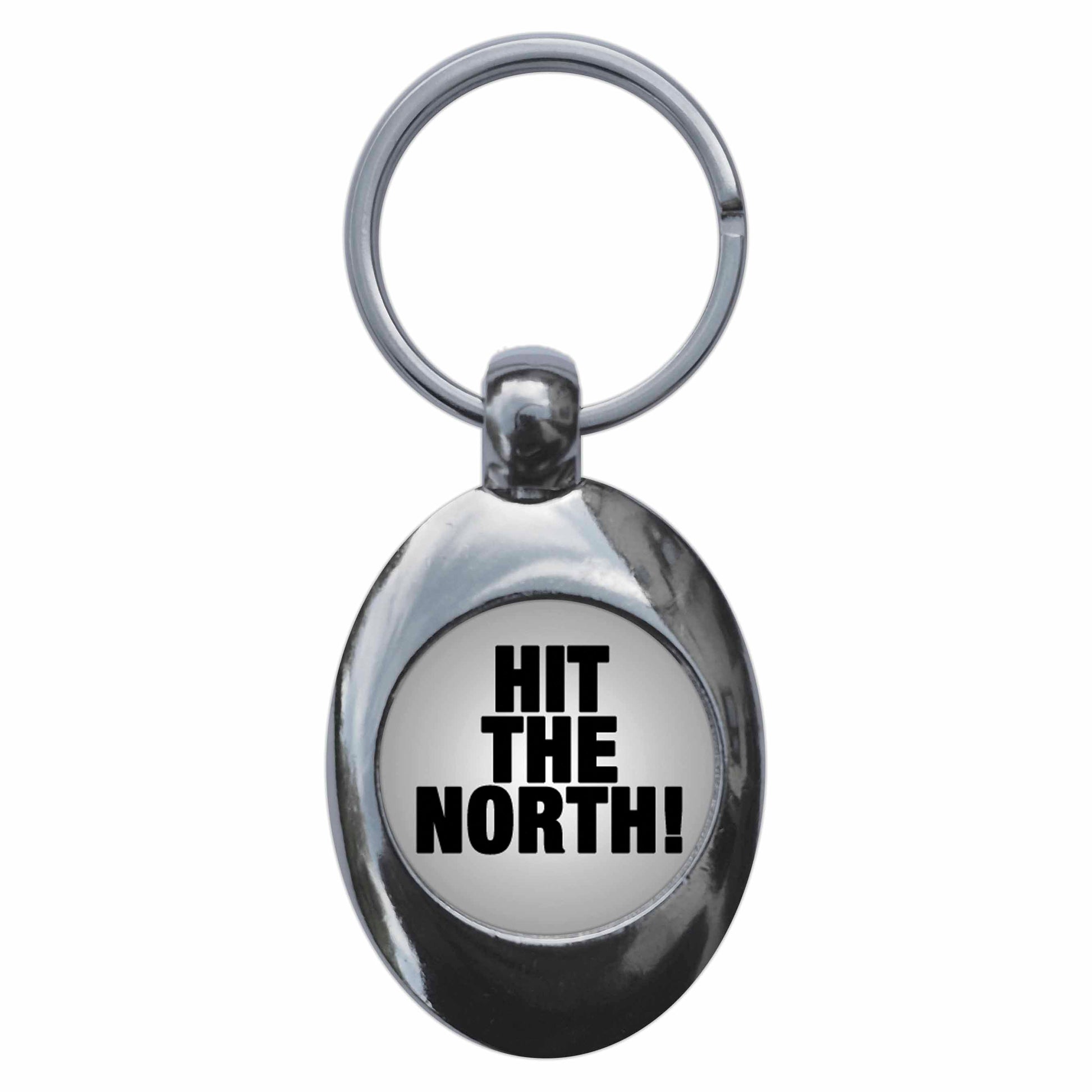 A picture of the front of the product, titled Hit The North Metal Keyring With Trolley Coin
