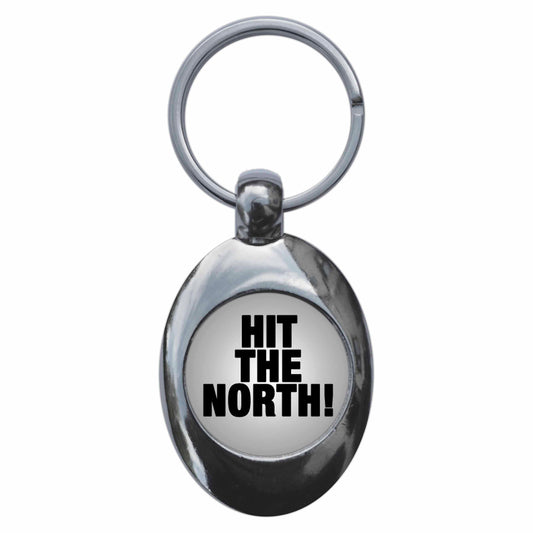 A picture of the front of the product, titled Hit The North Metal Keyring With Trolley Coin