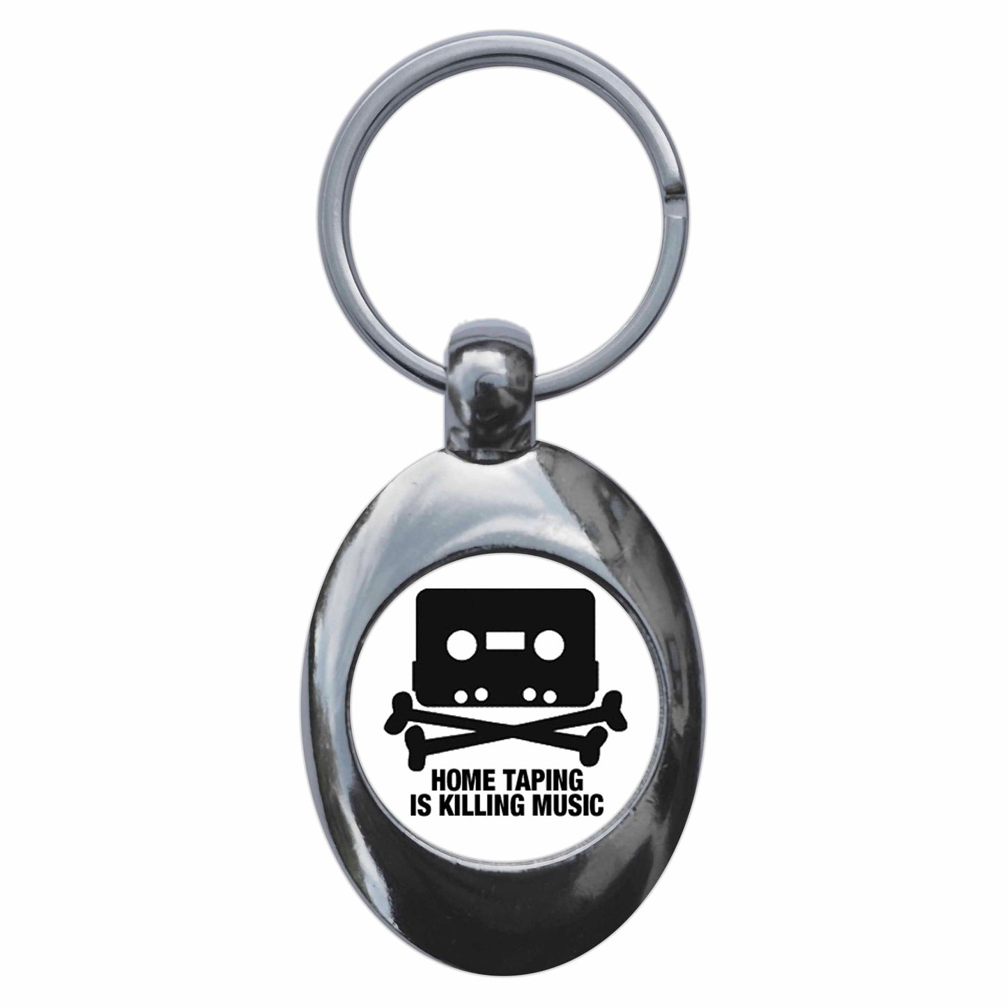 A picture of the front of the product, titled Home Taping Is Killing Music Metal Keyring With Trolley Coin