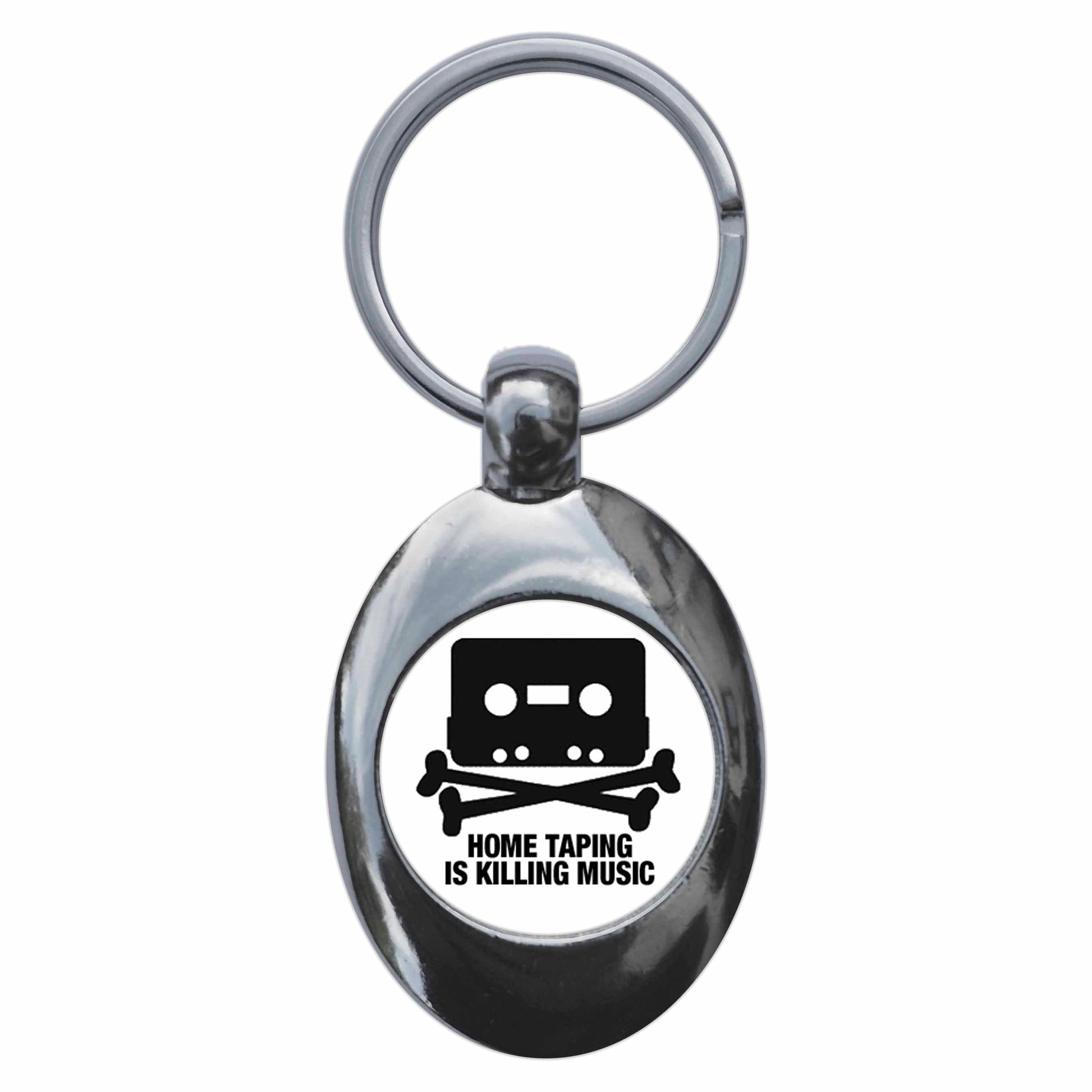 A picture of the front of the product, titled Home Taping Is Killing Music Metal Keyring With Trolley Coin