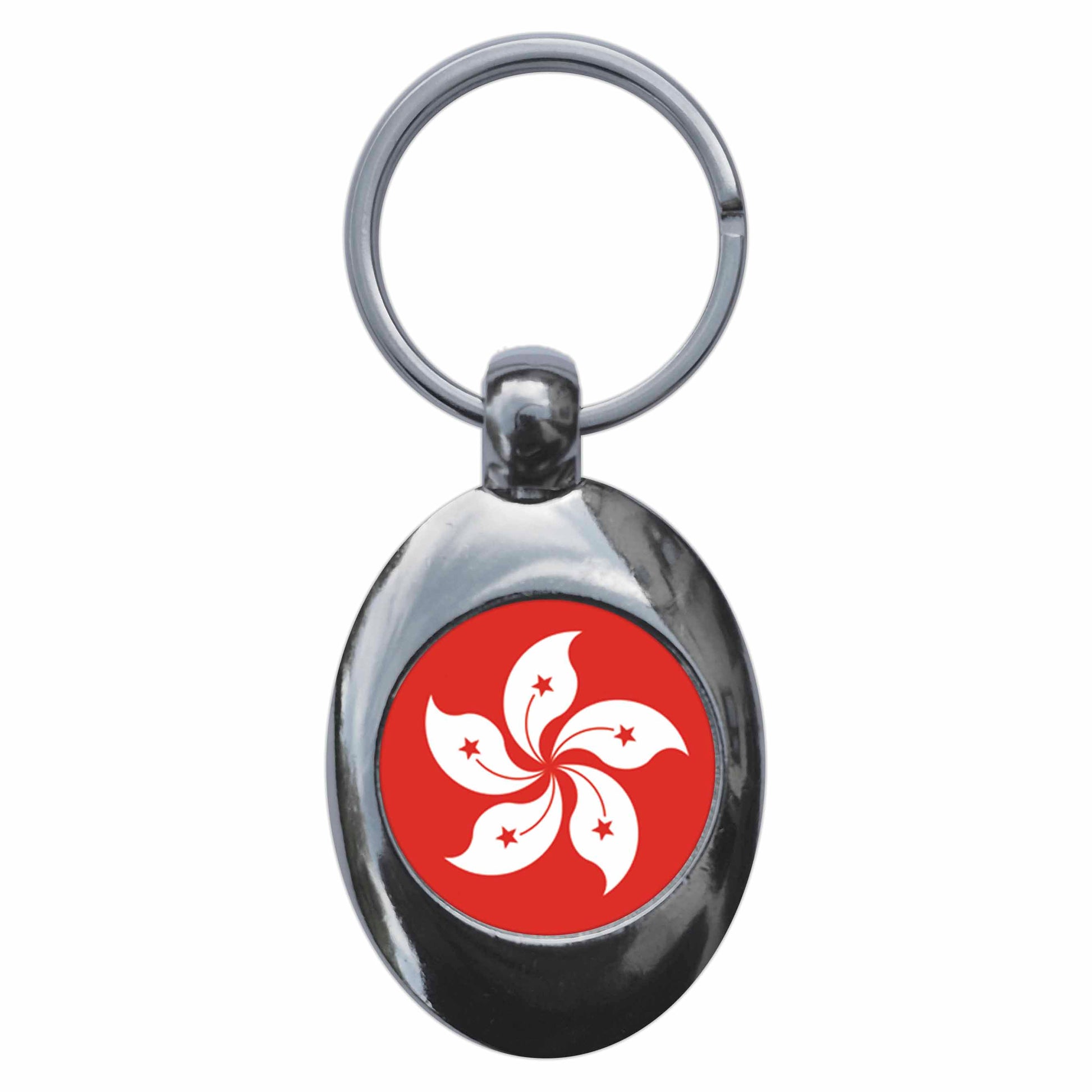 A picture of the front of the product, titled Hong Kong Sar Flag China Metal Keyring With Trolley Coin
