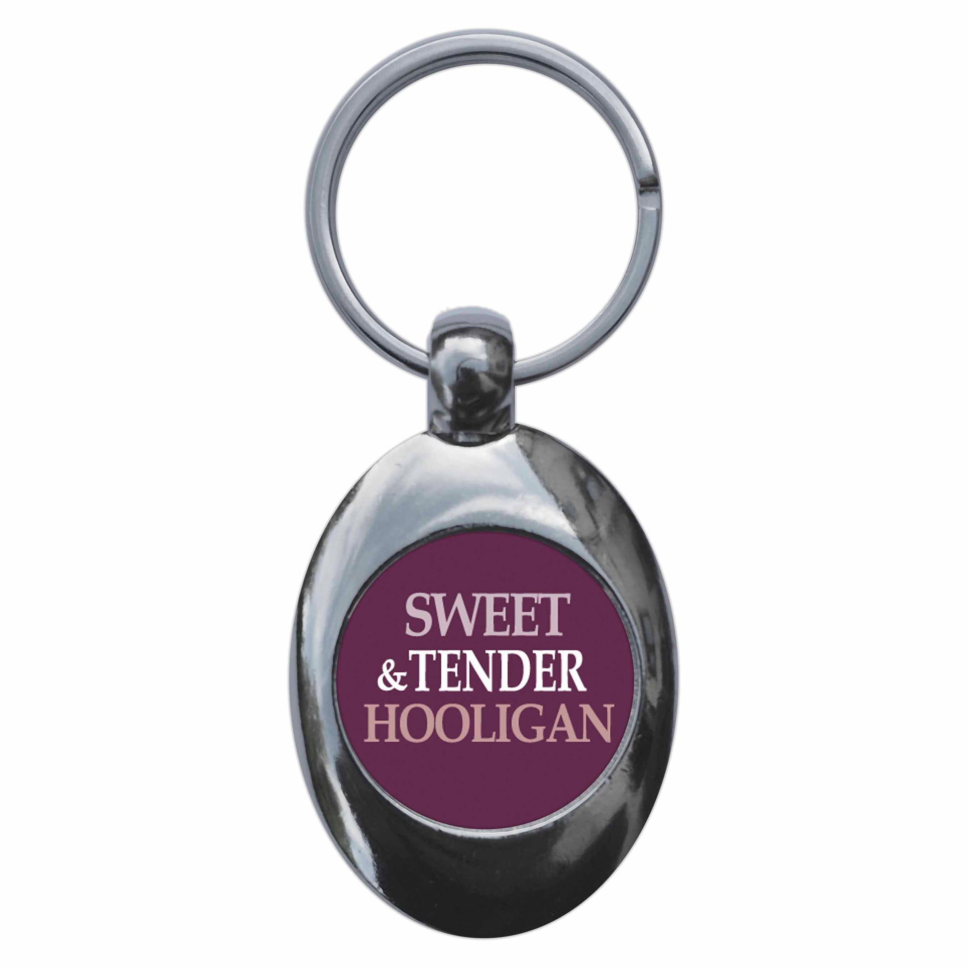 A picture of the front of the product, titled Sweet And Tender Hooligan Metal Keyring With Trolley Coin