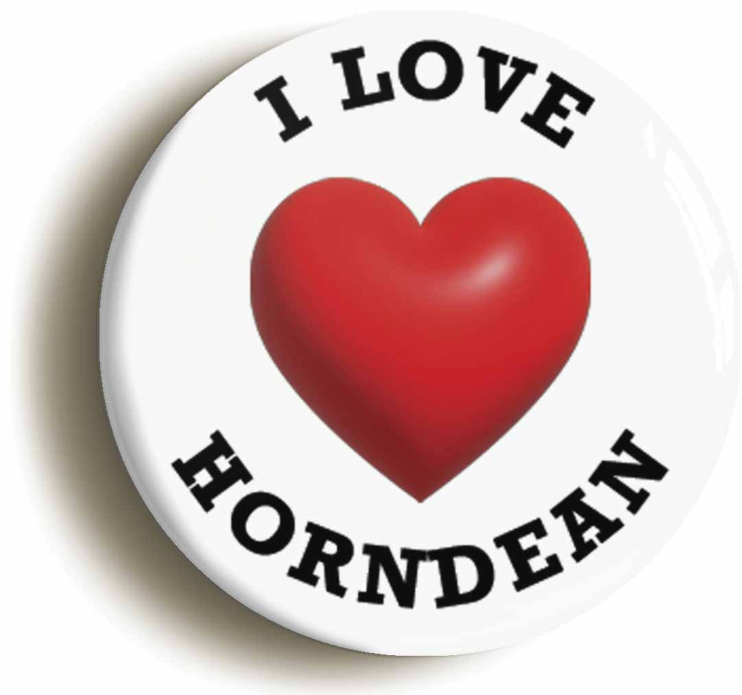 A picture of the front of the product, titled I Heart Love Horndean Location Button Pin Badge