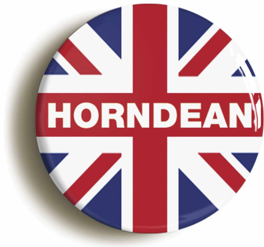 A picture of the front of the product, titled Horndean Union Jack Button Pin Badge