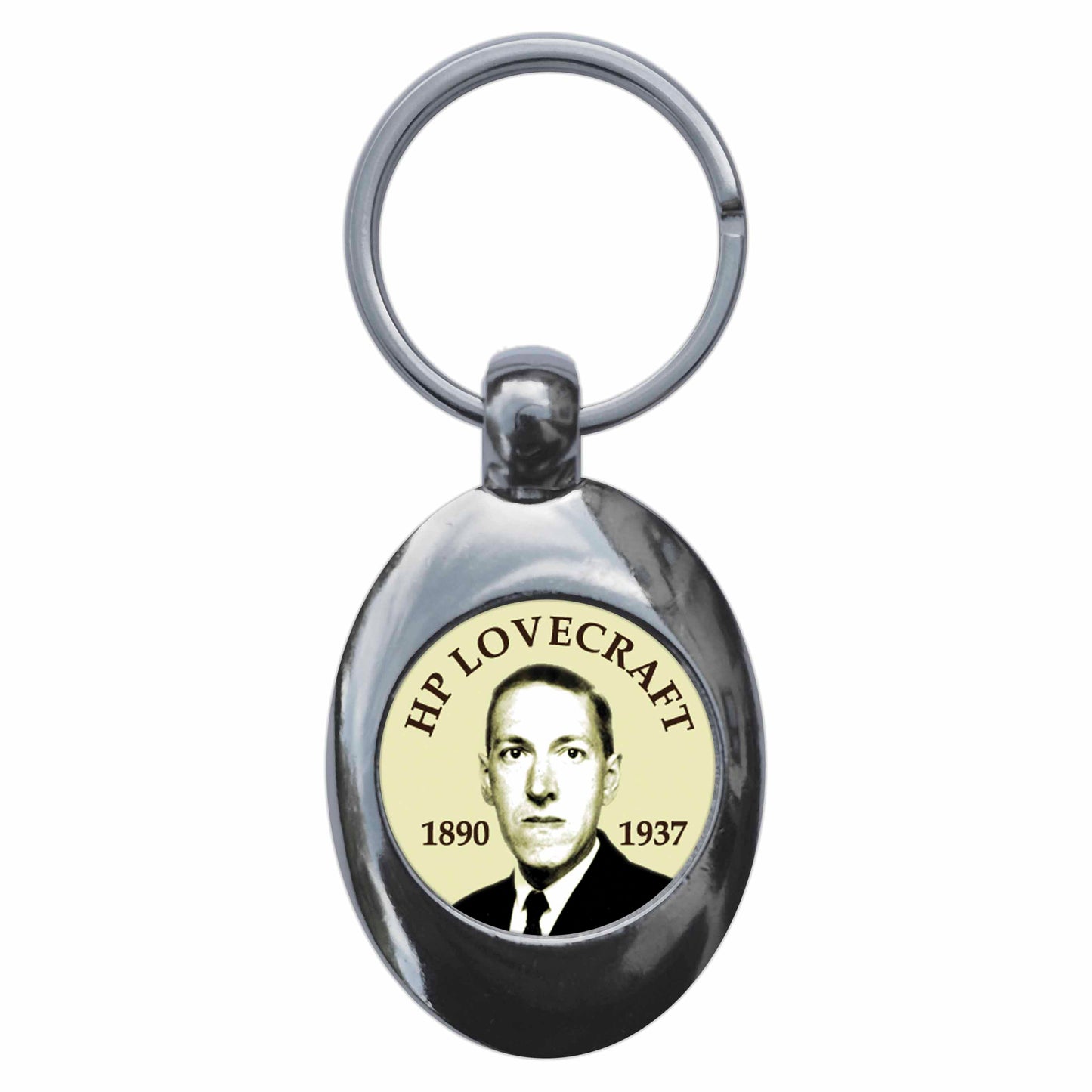 A picture of the front of the product, titled Hp Lovecraft Portrait Metal Keyring With Trolley Coin