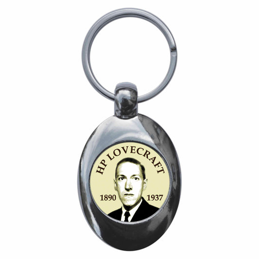 A picture of the front of the product, titled Hp Lovecraft Portrait Metal Keyring With Trolley Coin