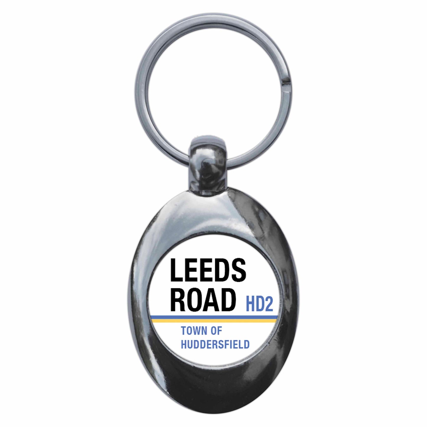 A picture of the front of the product, titled Leeds Road Town Of Huddersfield HD2 Road Sign Metal Keyring With Trolley Coin