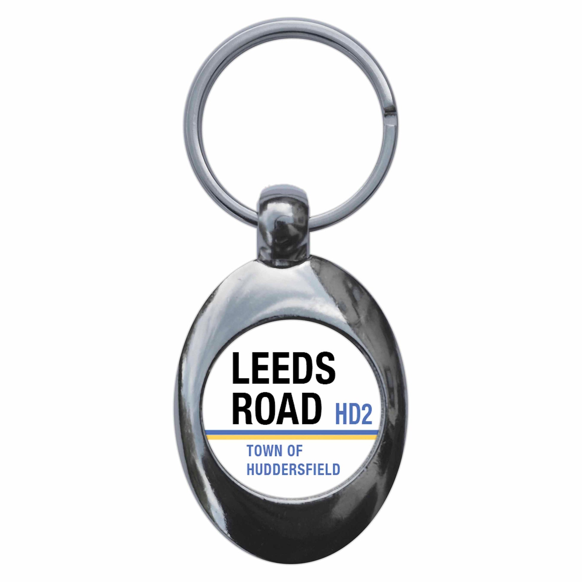 A picture of the front of the product, titled Leeds Road Town Of Huddersfield HD2 Road Sign Metal Keyring With Trolley Coin