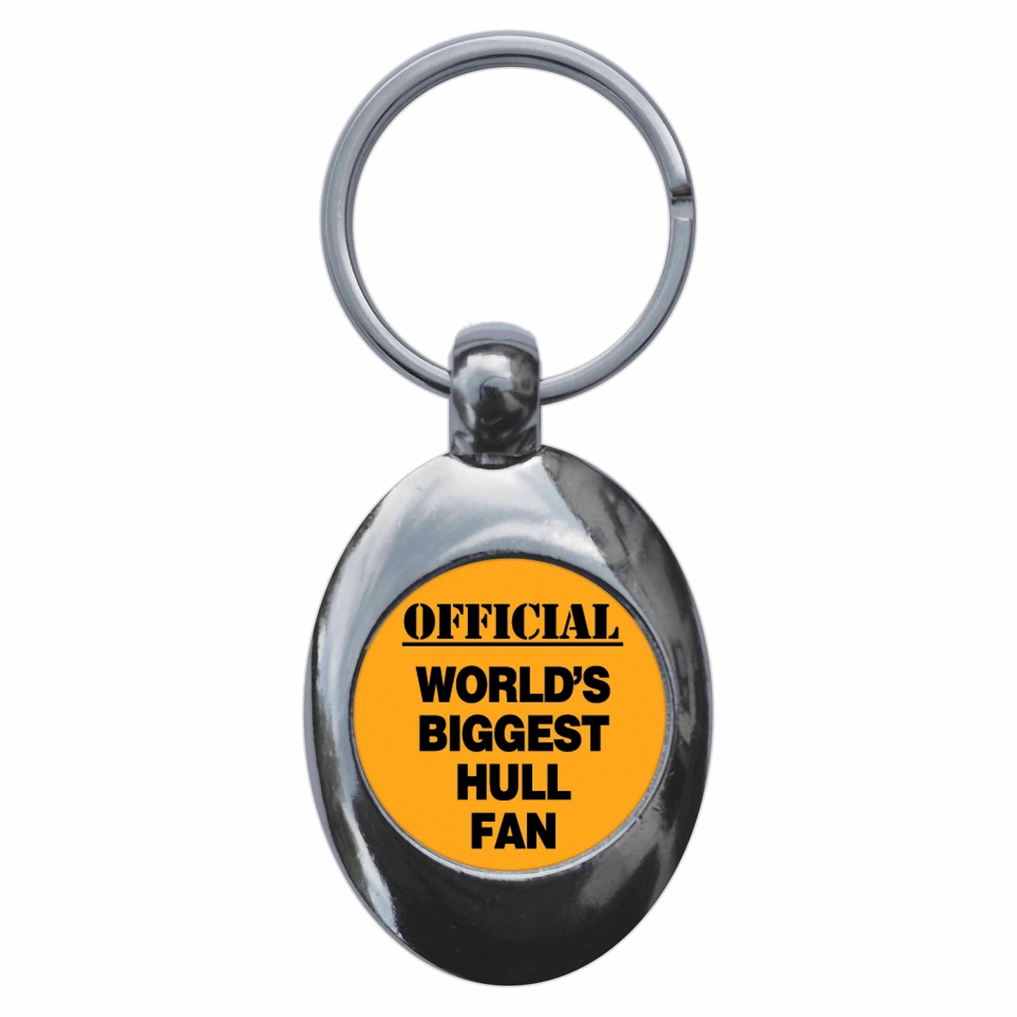 A picture of the front of the product, titled World's Biggest Hull Fan Metal Keyring With Trolley Coin
