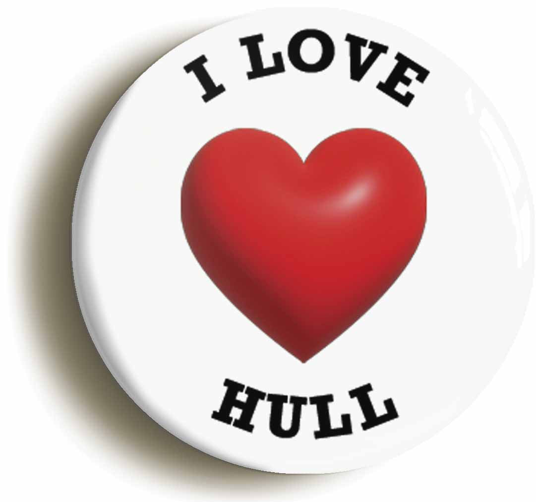 A picture of the front of the product, titled I Heart Love Hull Location Button Pin Badge