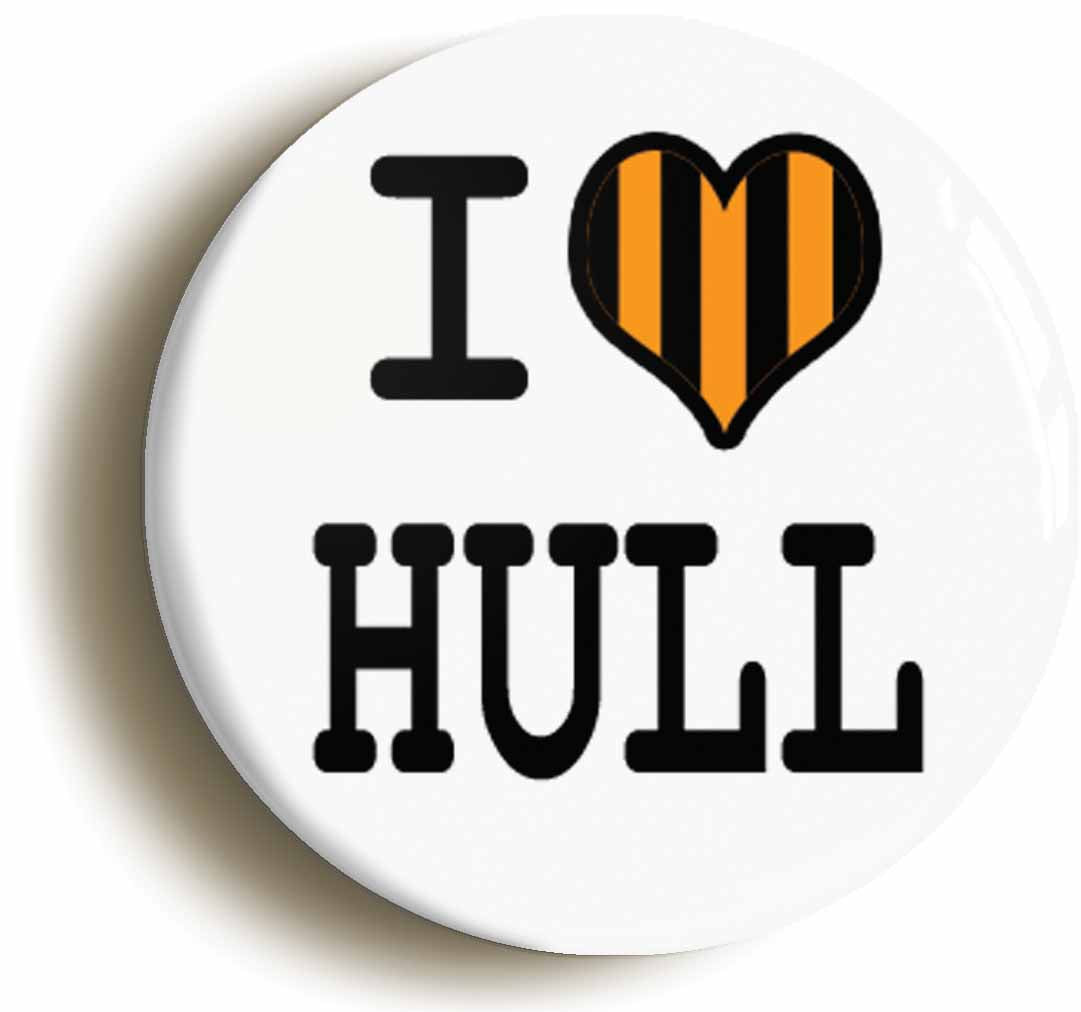 A picture of the front of the product, titled I Heart Love Hull Button Pin Badge