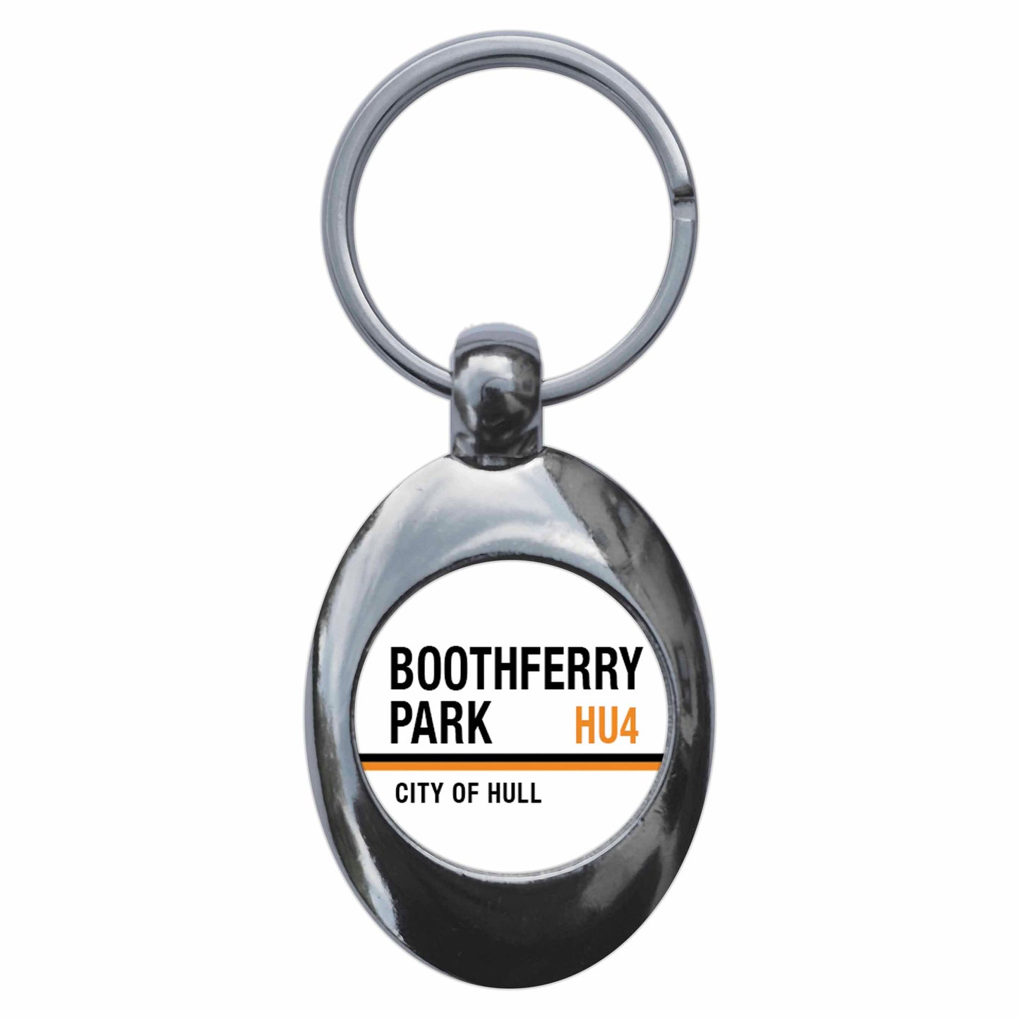 A picture of the front of the product, titled Boothferry Park City Of Hull HU4 Road Sign Metal Keyring With Trolley Coin