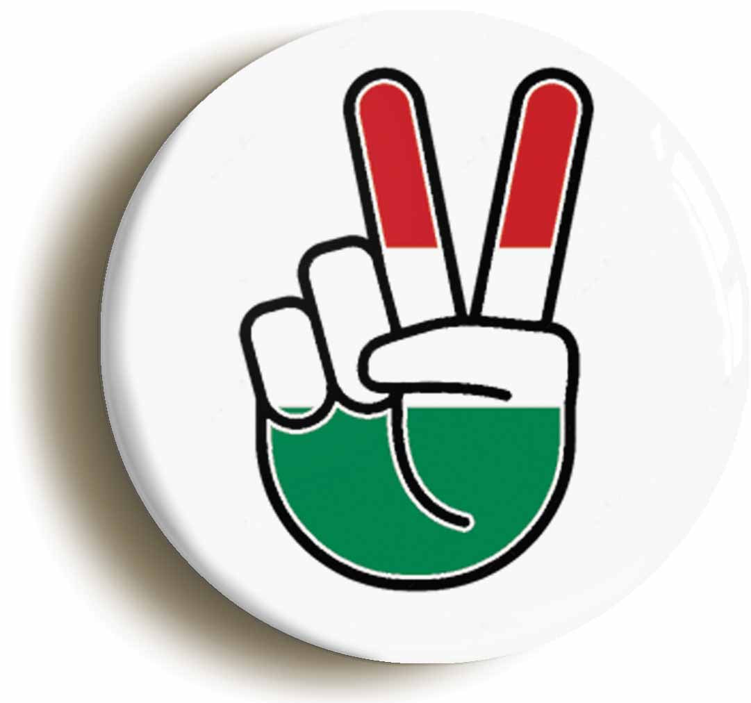 A picture of the front of the product, titled Hungary Hungarian National Flag Peace Sign V Button Pin Badge