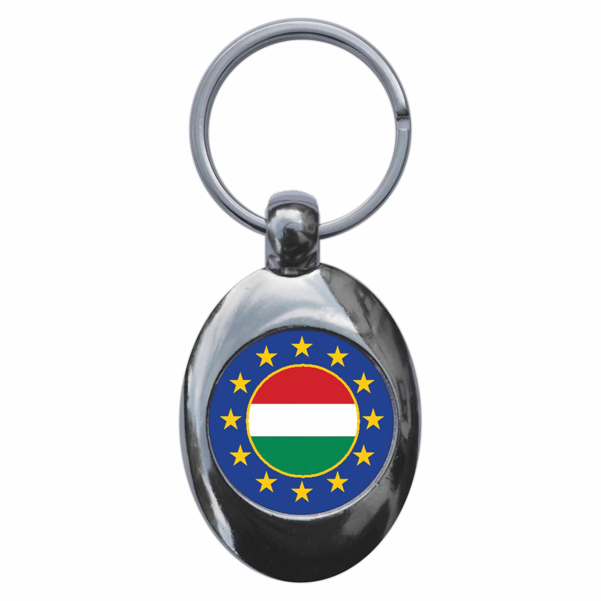 A picture of the front of the product, titled Hungary European Union Split Flag Metal Keyring With Trolley Coin