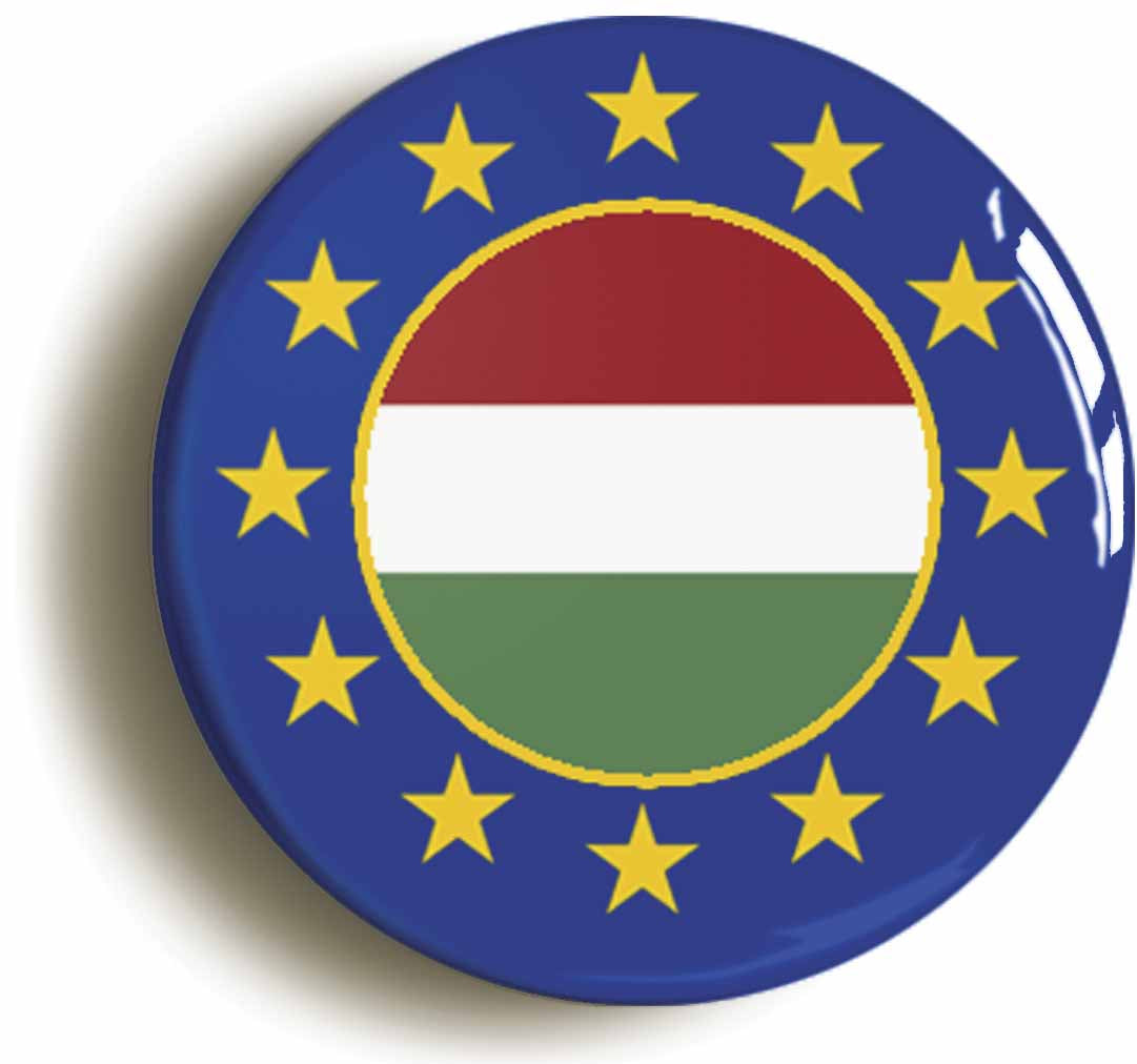 A picture of the front of the product, titled Hungary European Union Split Flag Button Pin Badge