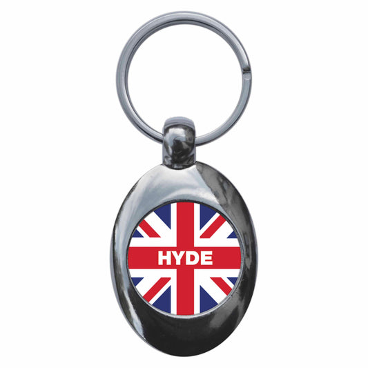 A picture of the front of the product, titled Hyde Union Jack Metal Keyring With Trolley Coin