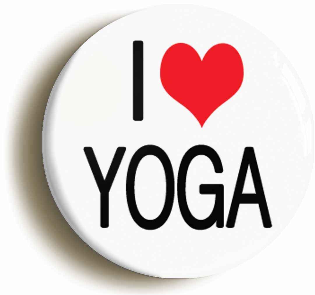 A picture of the front of the product, titled I Heart Love Yoga Funny Meditation Button Pin Badge